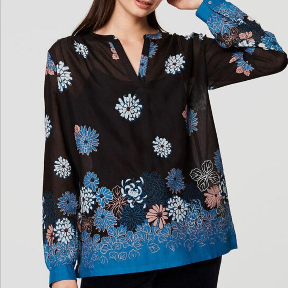 LOFT Women's Floral Blue Black Long Sleeve Split Neck Blouse
